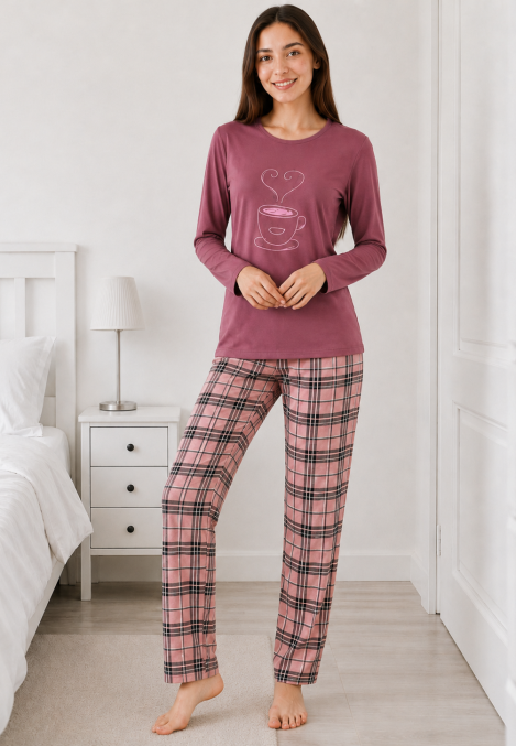 Pijama de damă cu bluză cu maneca lunga și pantaloni lung -Visiniu,Engros